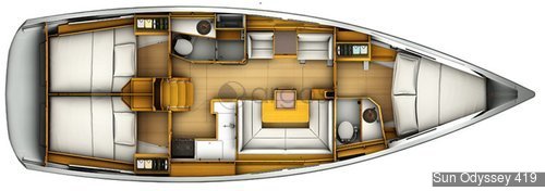 1 Sun Odyssey 419  Verfügbar in Griechenland, Türkei, Kroatien, Italien, Balearen, Lee & Windward Islands, Kanaren und Seychellen.